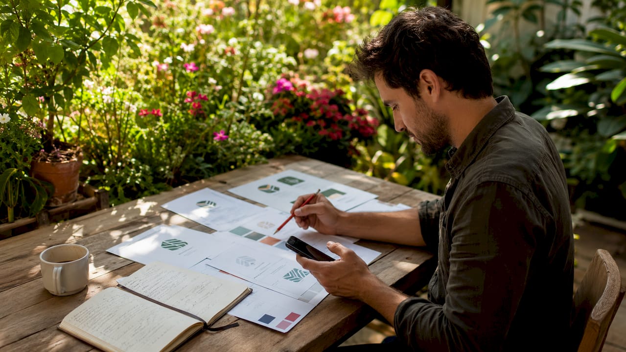 Un entrepreneur passe en revue des propositions de branding dans son bureau, attentif aux moindres détails pour définir l'identité de sa marque.