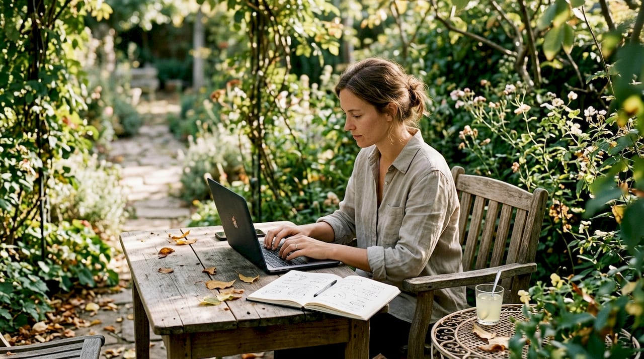 Une personne en pleine création de contenus narratifs numériques, installée à son bureau.