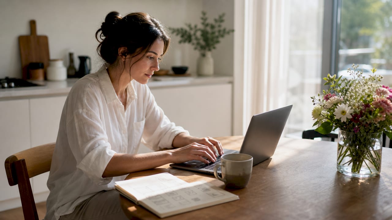 Une femme élabore sa stratégie de présence en ligne depuis son bureau à domicile.