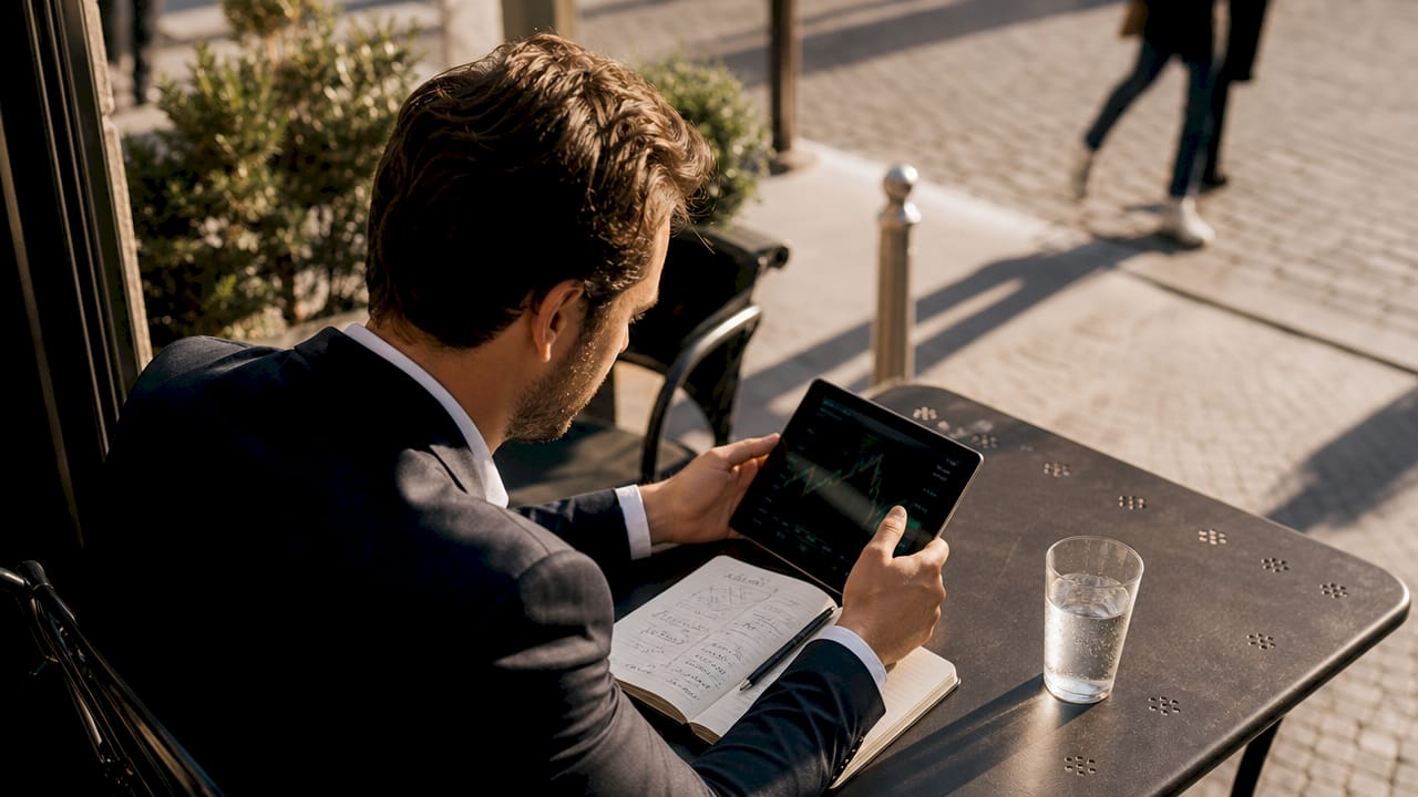 Un homme plongé dans son travail, absorbé par sa tablette au bureau.