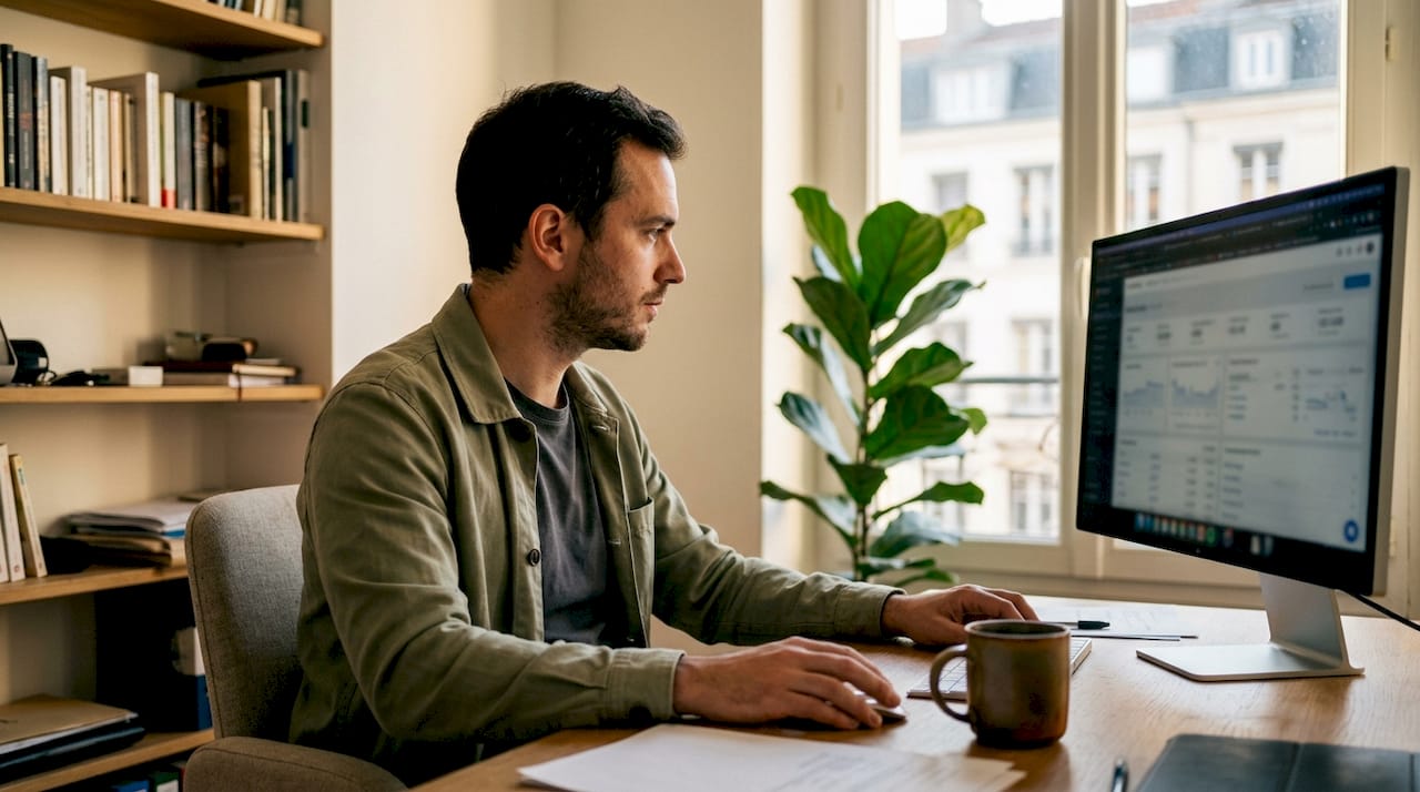 Dans son petit bureau, un entrepreneur se penche sur l’analyse des statistiques de son site web, cherchant à optimiser sa stratégie.