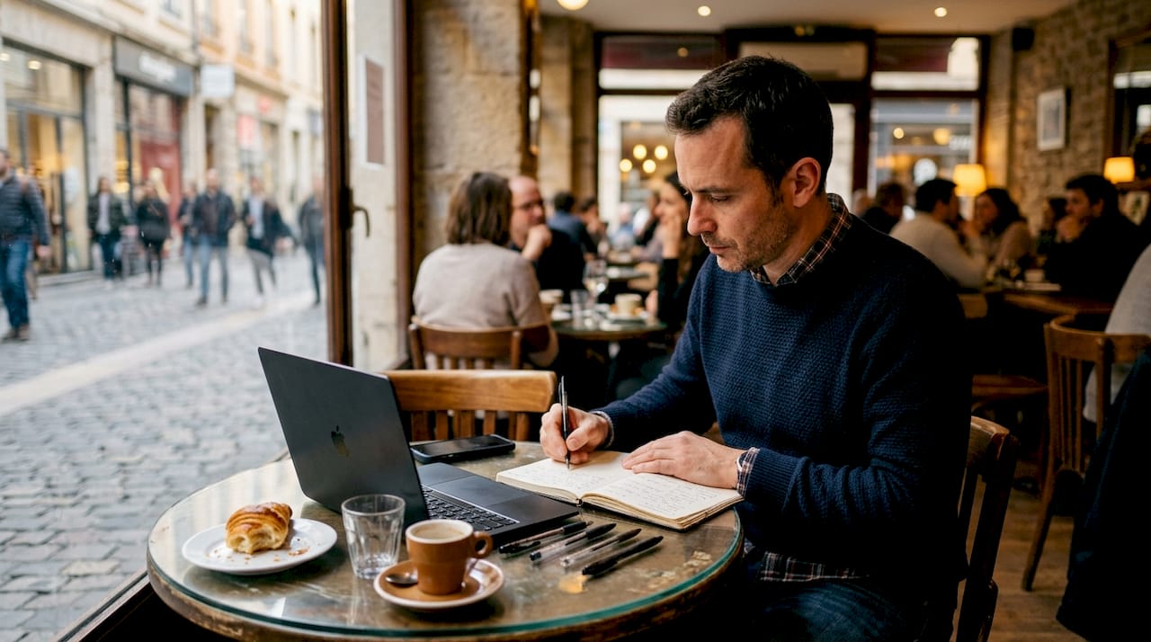 Un professionnel appliqué en train de prendre des notes pour élaborer du contenu.