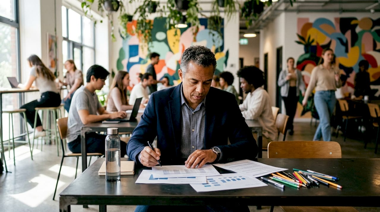 Le directeur marketing passe en revue des dossiers à son bureau.
