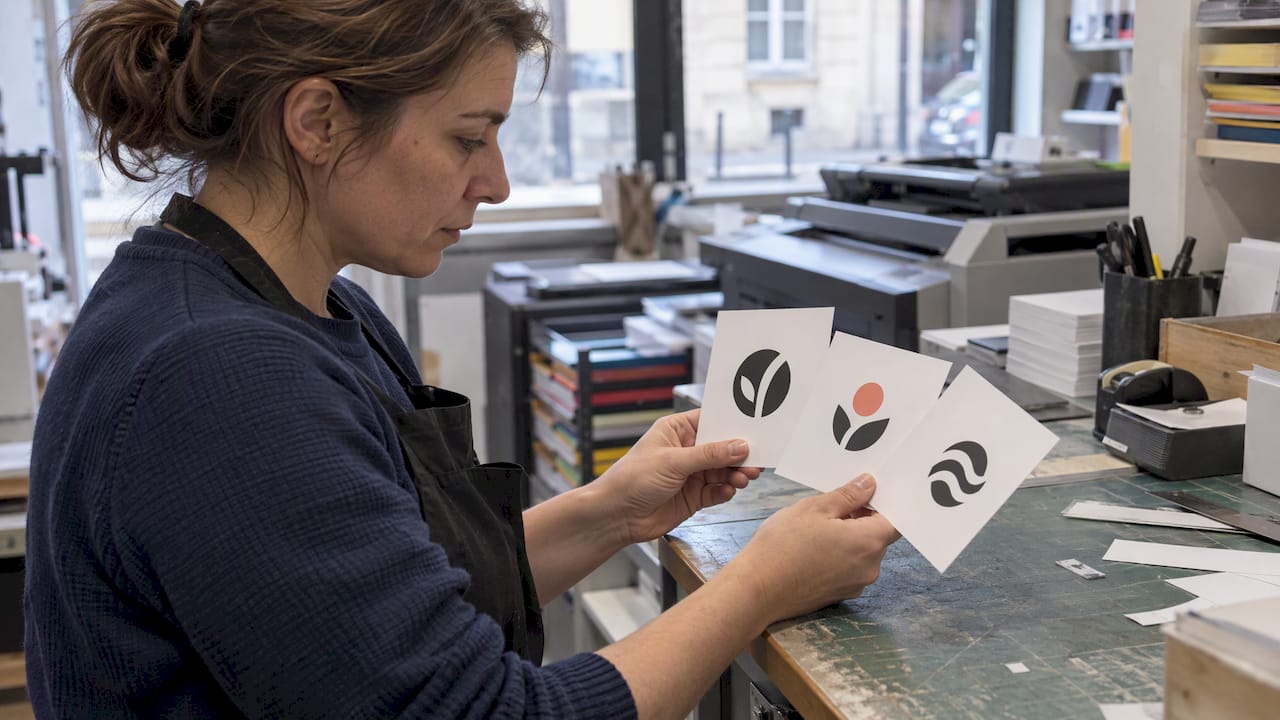 Artisane en train de comparer différentes propositions de logo