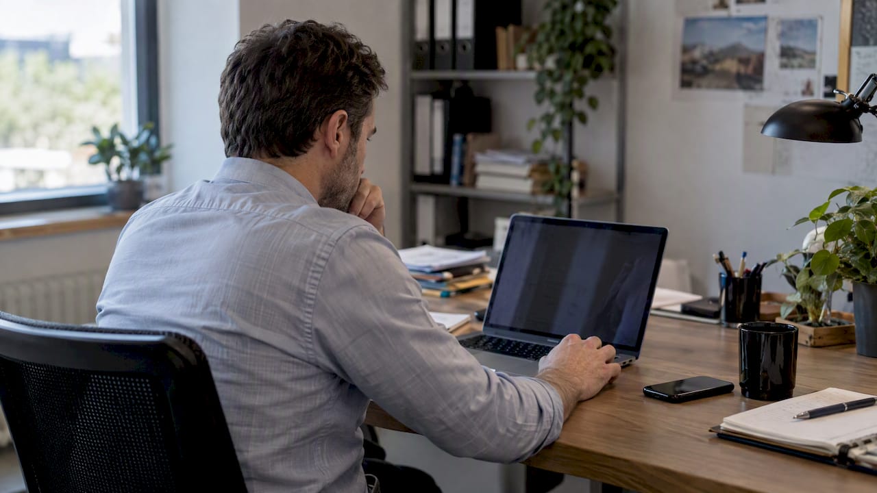 Un dirigeant consultant est en train de vérifier son profil LinkedIn au bureau