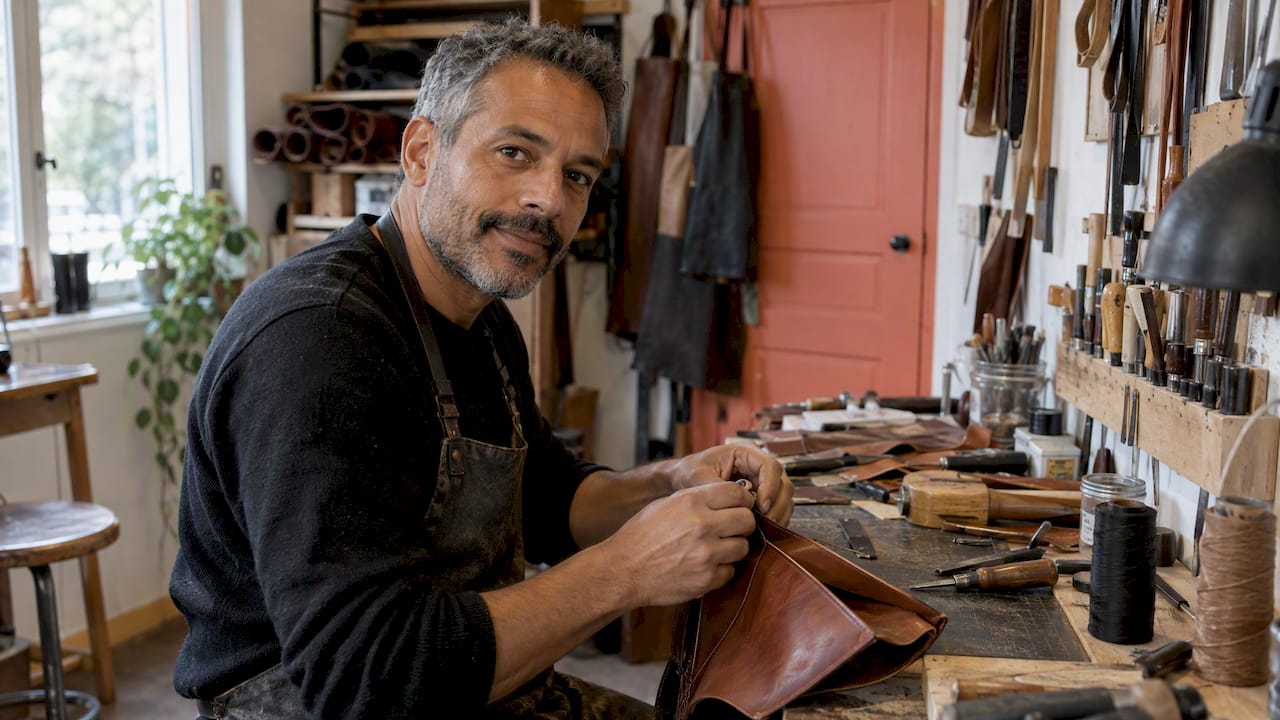 Un artisan maroquinier pris en photo dans son atelier