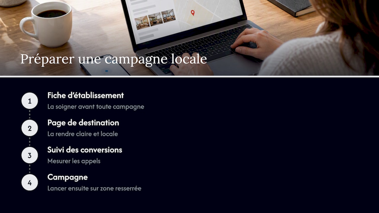Notre point de vue : le local se gagne avec la fiche, la page et le suivi — overview diagram
