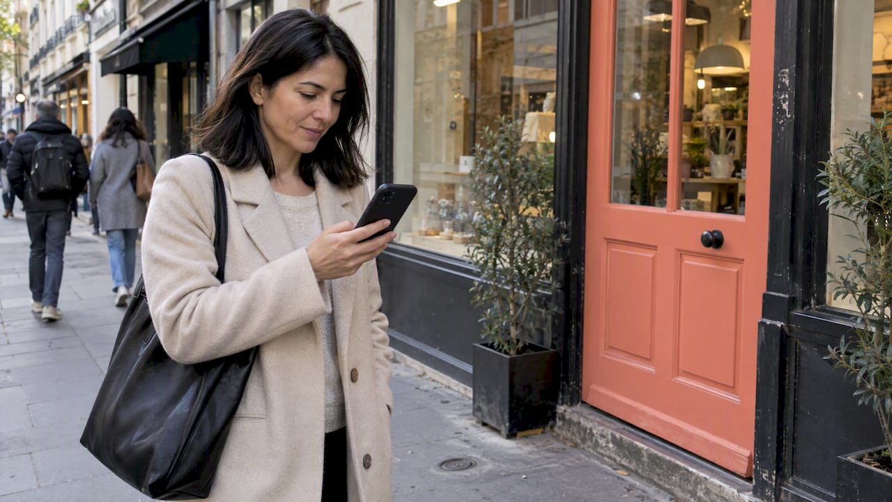 Cliente en train de chercher un commerce proche sur son téléphone